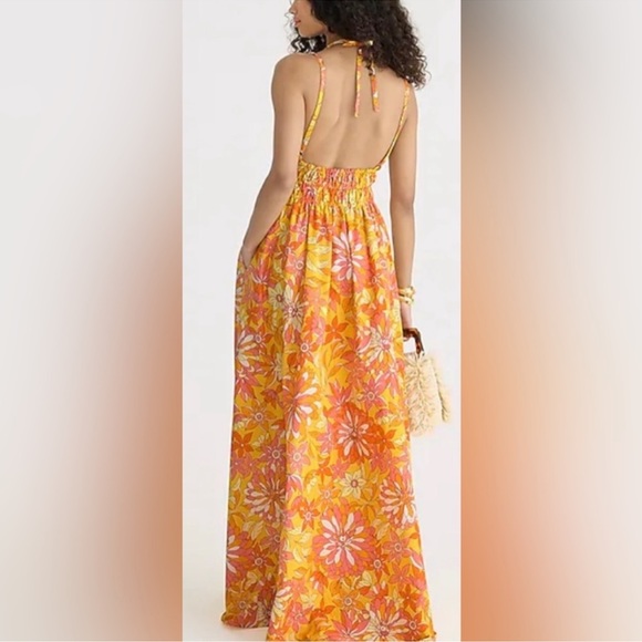 J Crew Collection V-neck double-strap maxi dress Bright Orange Sunset Floral - Picture 3 of 12